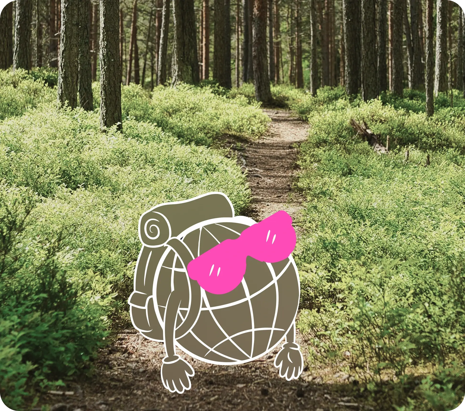 globe mascot hiking in forest